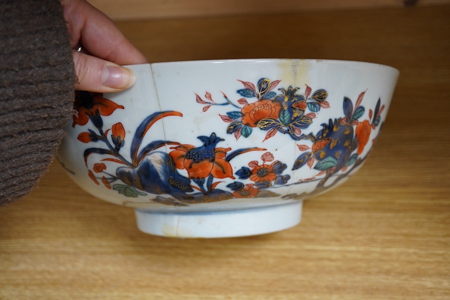 Chinese porcelain to include a famille noire dish and Imari bowl together with an 18th century English blue and white slop bowl, largest 27cm in diameter. Condition - varies